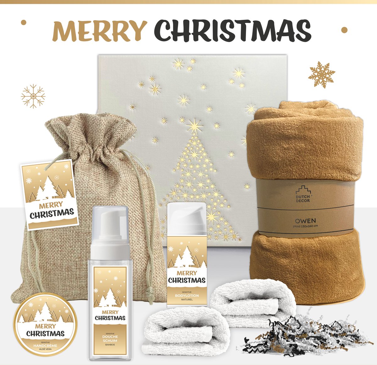 Goedkoopste Geschenkset “Merry Christmas!” - 7 producten - 1000 gram | Kerstgeschenk - Kerstcadeautje - Christmas Gift - Cadeau - Kerst - Kerstpakket - Kerstpakketten - Fijne Kerstdagen - Cadeautje - Feestdagen - Goud - Zwart - Wit