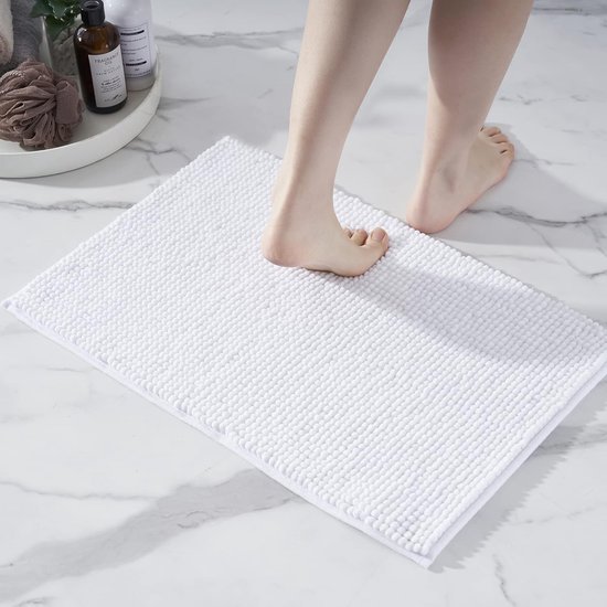 Badmat Anti-Slip av soft Chenille | Super absorberend en machinewasbaar | Te combineren als badmat set | Voor de badkamer, douche, bad of als WC mat | Wit - 40x60 cm