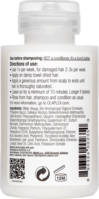 Flacon blanc avec instructions, liste des ingrédients et code-barres pour Olaplex Hair Perfector No.3.