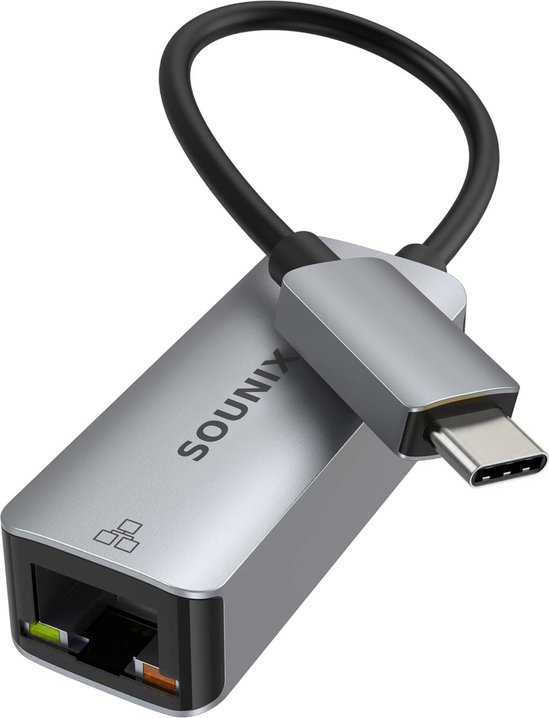 Sounix USB-C Naar Ethernet Adapter -  RJ45 10/100/1000Mbps - Ethernet Adapter - 20CM - Gevlochten Nylon - Zwart