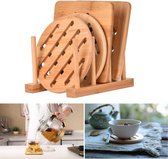 Onderzetters van bamboe-hout, 4-delige pannenonderzetter, hittebestendig, pannenonderzetterset met afdruiprek voor keuken, kom, potten en pannen (15 cm)