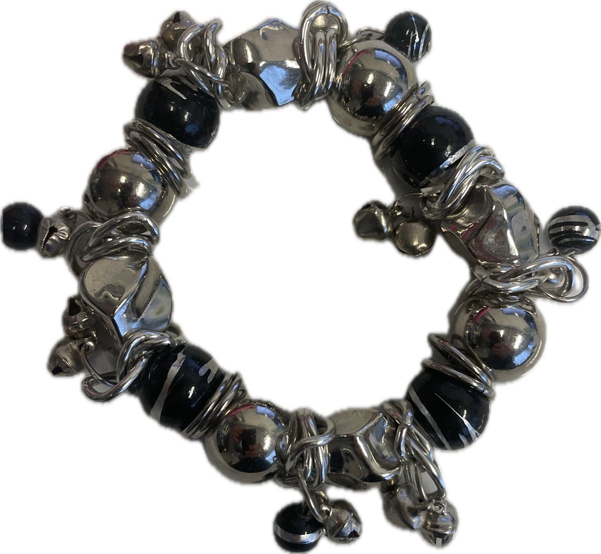Armband met Bedeltjes - Kraaltjes/Ringetjes/Belletjes - Glazen kraaltjes - Elastisch - Zilver/Zwart - One size