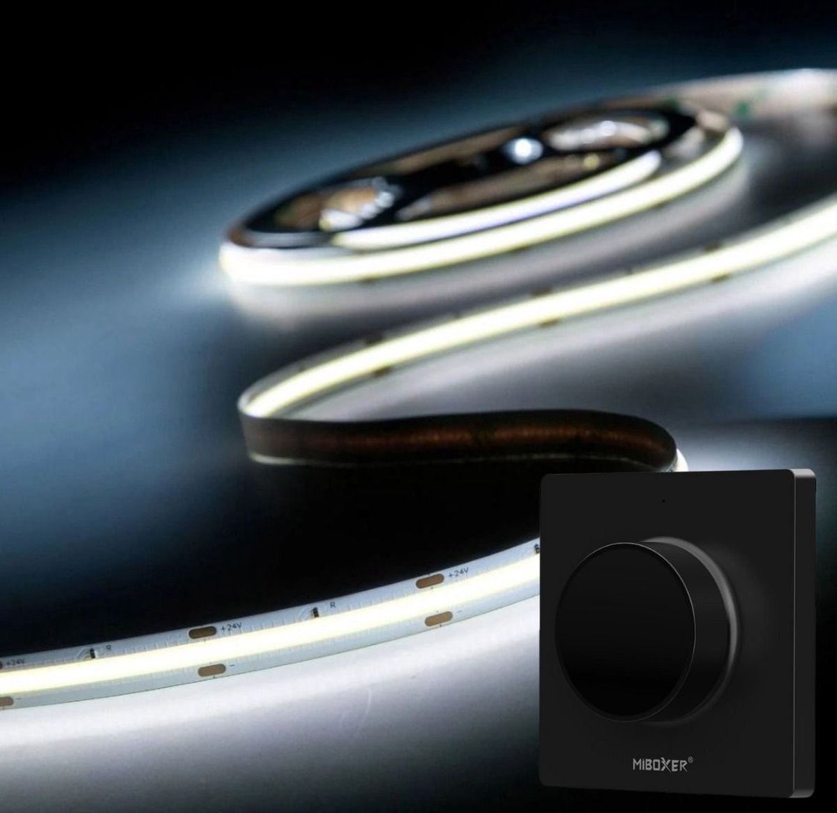 DiamantLED LED Strip COB - 10 Meter - Complete Set - 6000k - Koud Wit - 24V - 480LED/m - Met Draadloze Mi-Light(MiBoxer) wanddimmer(Zwart)