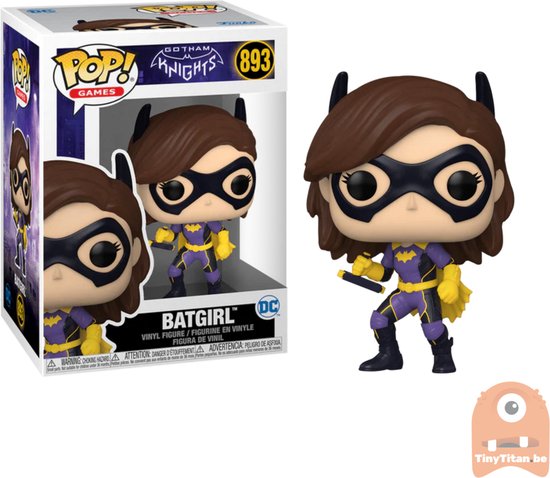 Batgirl Funko Pop figuur in paars, geel en zwart met masker en vleermuisoren.
