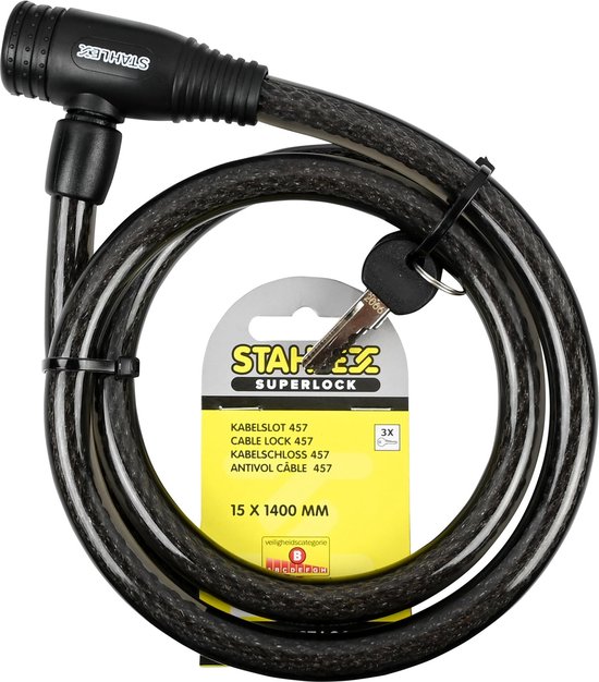 Stahlex Kabelslot - spatwaterdicht - solide staal - 1400 mm - zwart - 3 sleutels van Stahlex — afbeelding 4