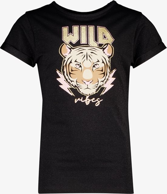 TwoDay meisjes T-shirt met tijgerkop - Zwart - Maat 170