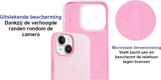 Roze telefoonhoesje met verhoogde randen rond de camera. Microvezel voering.