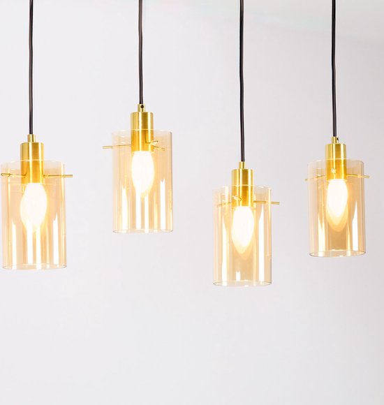Industriële mat zwarte en zand gouden hanglamp met amberkleurig glas 4-lichts - Tuscon