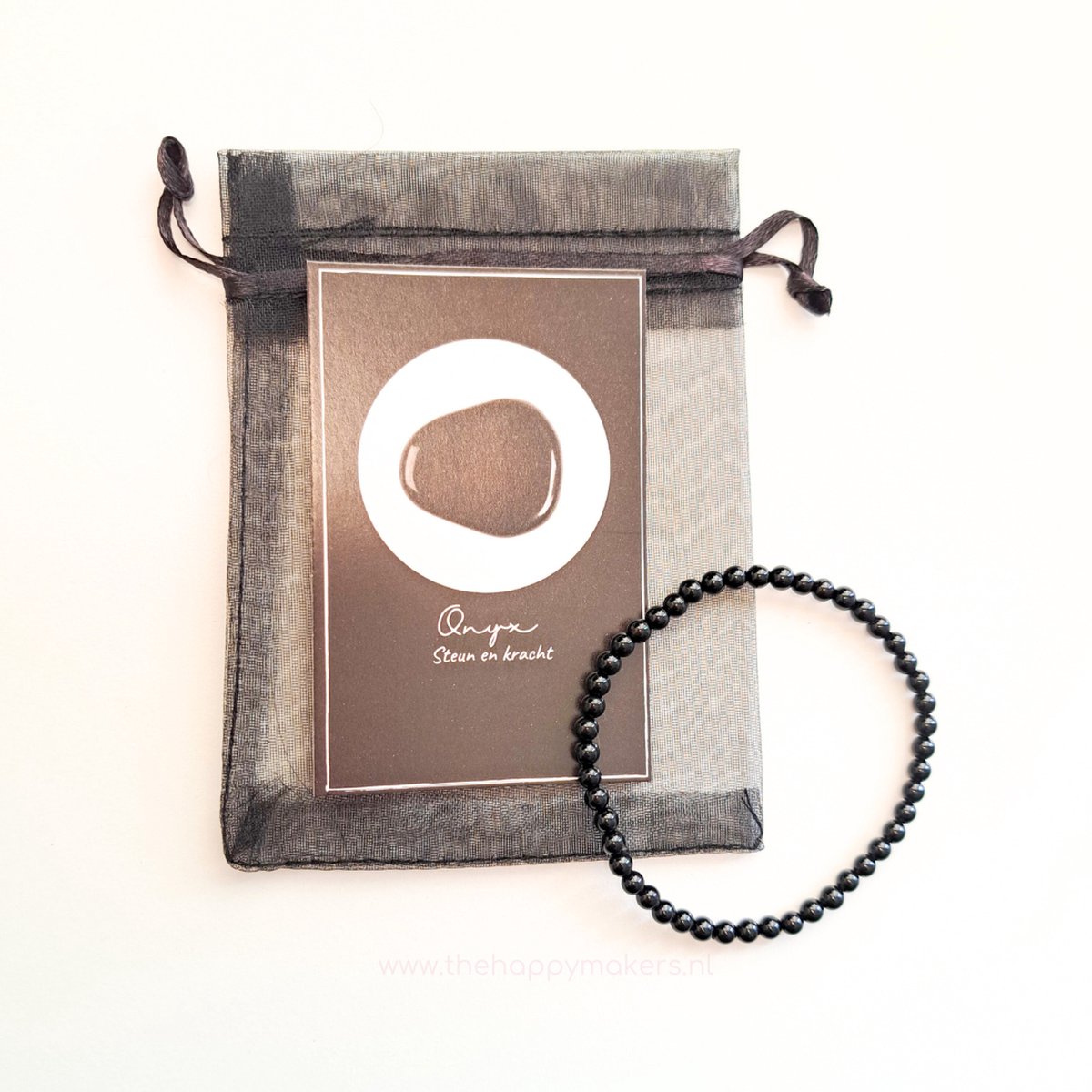 Edelsteen armband in zakje ''onyx'' steun en kracht, 6mm kralen, elastisch, cadeautje, geschenk