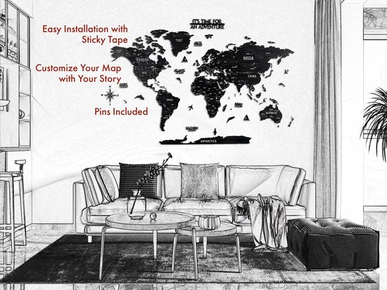 IWA Concept - Wereldkaart 3D en bois - Décoration murale - Wereldkaart - Panneau mural en bois - Accessoires de vêtements pour bébé de bureau - Cadeau de pendaison de crémaillère - Décoration murale - Medium - 100x54 CM