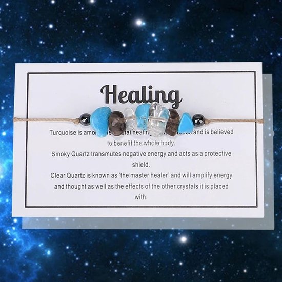 Bixorp "Healing" Cadeau Armband - Edelsteen Armbandje op kaartje - Turkoois, Rookkwarts & Bergkristal