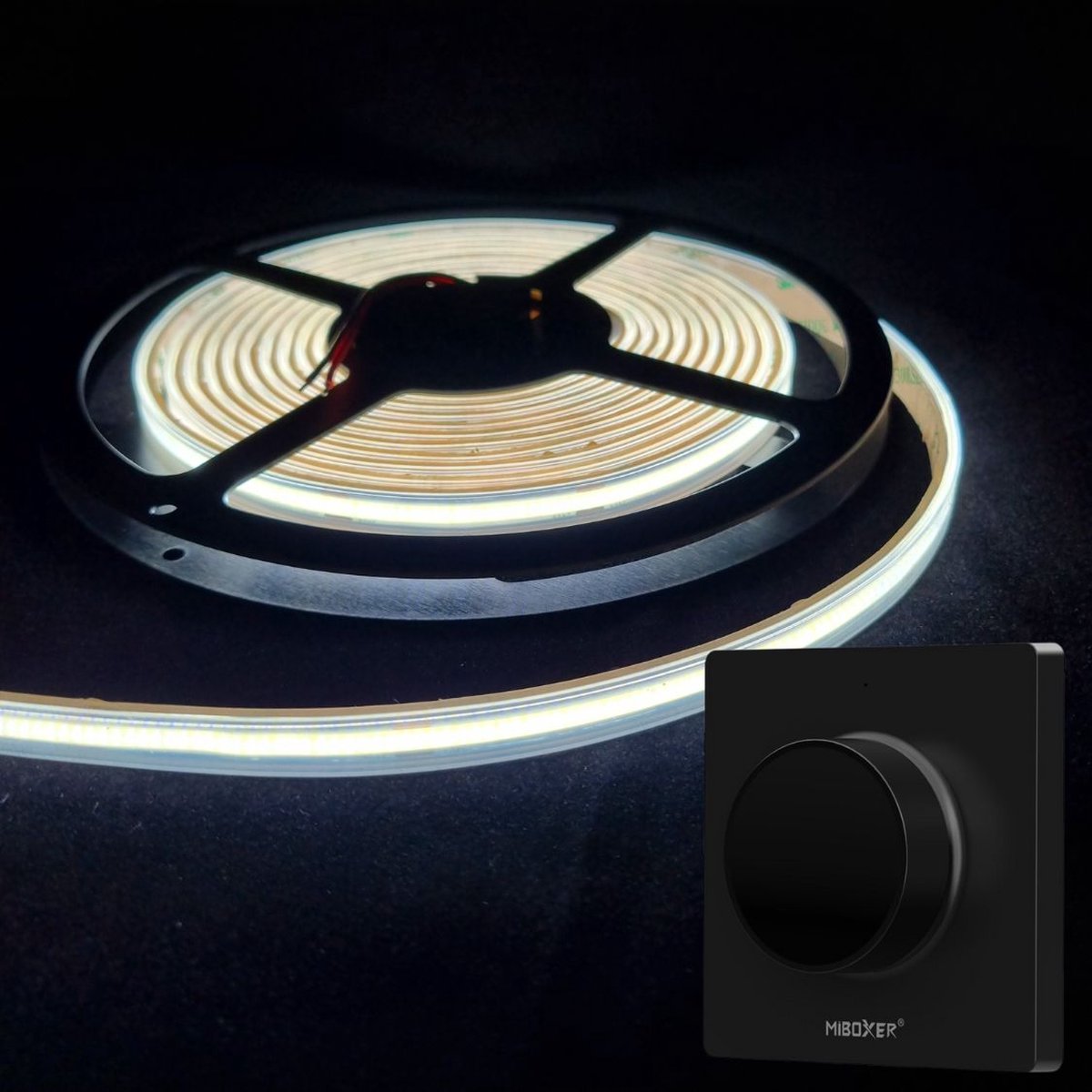 LED Strip COB - 5 Meter - Complete Set - 6000k - Koud Wit - 24V - IP65 Waterdicht - 480LED/m - Met Draadloze Mi-Light(MiBoxer) wanddimmer(Zwart)