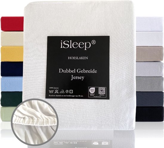 iSleep Dubbel Gebreide Jersey Hoeslaken - Hoge Hoek - Rondom Elastiek - Litsjumeaux XL - 190x210/220 cm - Wit