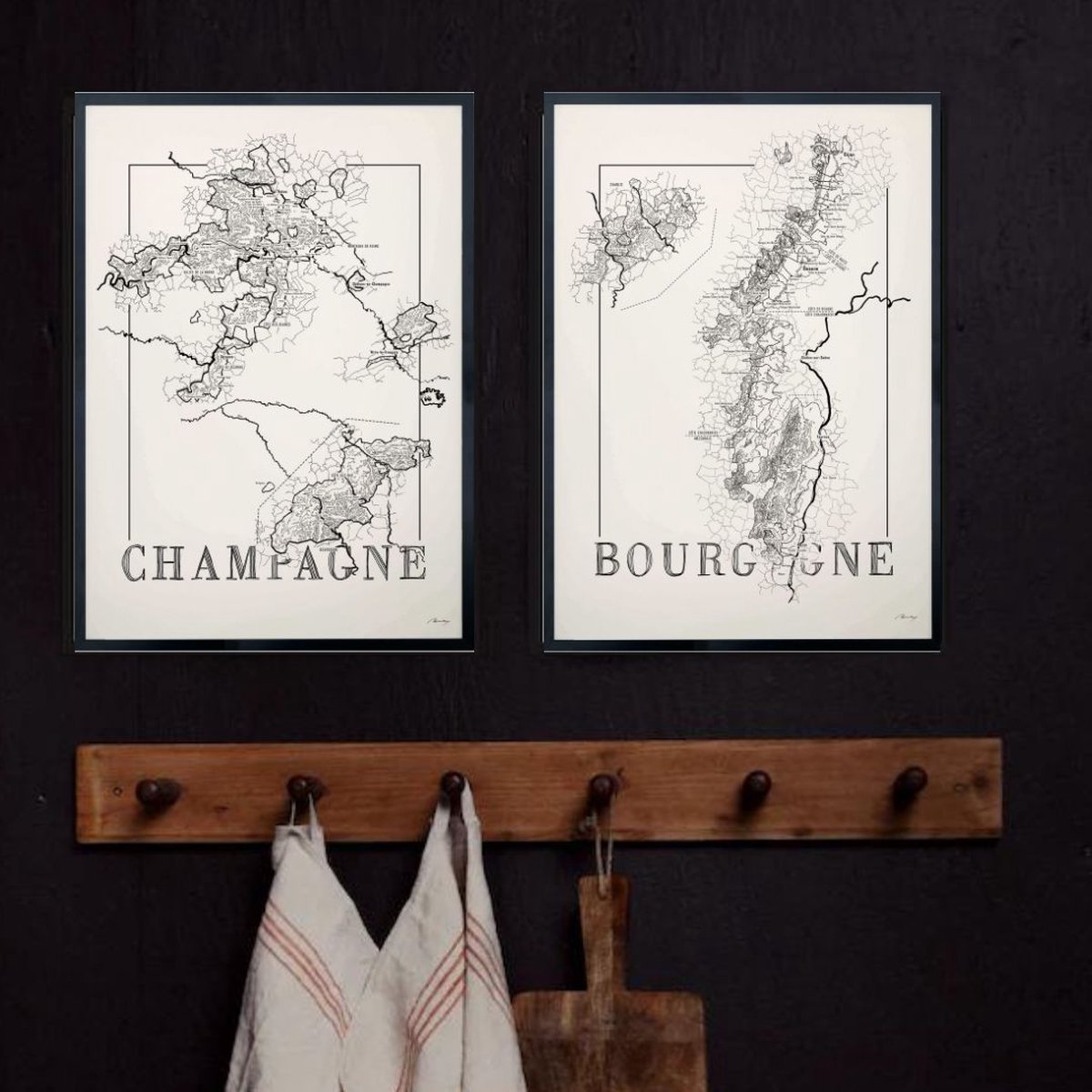 Poster set - Bourgogne & Champagne - zwart wit - landkaart - wijnliefhebber - 50 x 70 cm