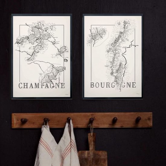 Set d'affiches - Bourgogne & Champagne - noir et blanc - carte - amateur de vin - 50 x 70 cm