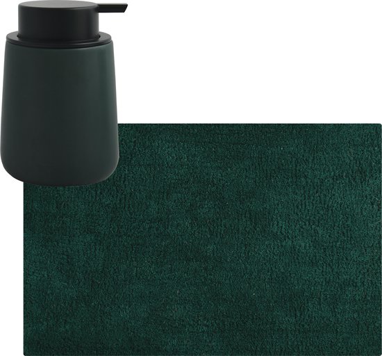 MSV badkamer droogloop mat/tapijt - 40 x 60 cm - met zelfde kleur zeeppompje 300 ml - donkergroen