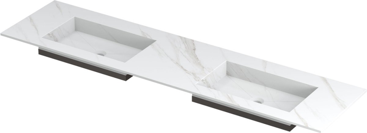 INK Post wastafel in keramische slab met envelop bodem dubbele wasbak zonder kraangat 180x45x1cm, calacatta mat