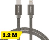 Swissten Lightning naar USB-C Kabel - 1.2M - Gevlochten kabel voor iPhone 7/8/X/11/12/13/14 - Grijs
