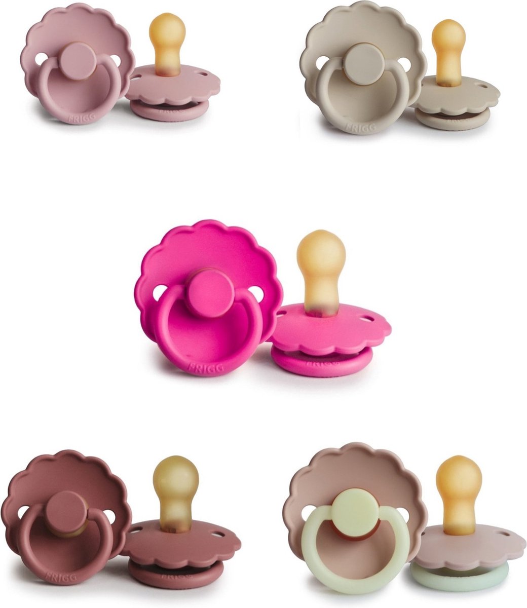 Goedkoopste FRIGG DAISY Fopspeen set 5 stuks Baby Pink,Fuchsia,Powder Blush,Sandstone en Blush Night Glow 6-18 maand