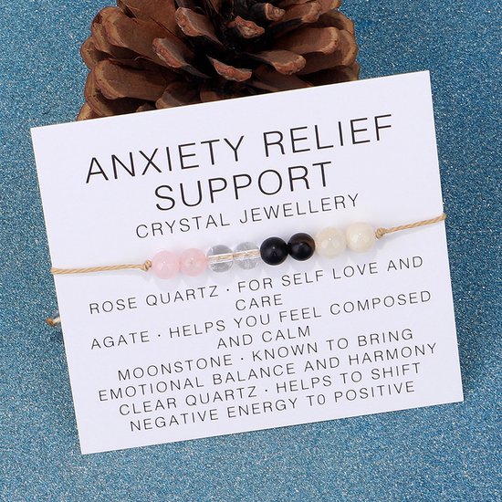 Bracelet cadeau Bixorp « Anxiety Relief Support » - Soutien à l'anxiété - Bracelet de pierres précieuses sur carte - Quartz rose, Agate, Cristal de roche et Pierre de lune