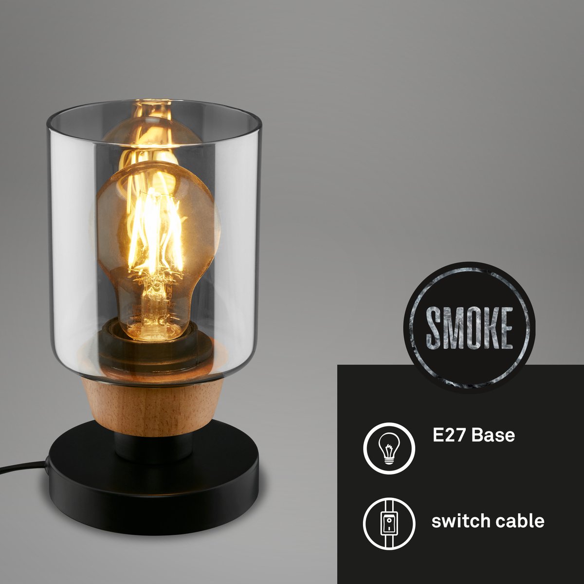BRILONER - Tafellamp - 7486015 - incl. snoerschakelaar - E27 fitting - rookglas - gloeilamp niet inbegrepen - 12 x 18,5 cm - zwart-hout