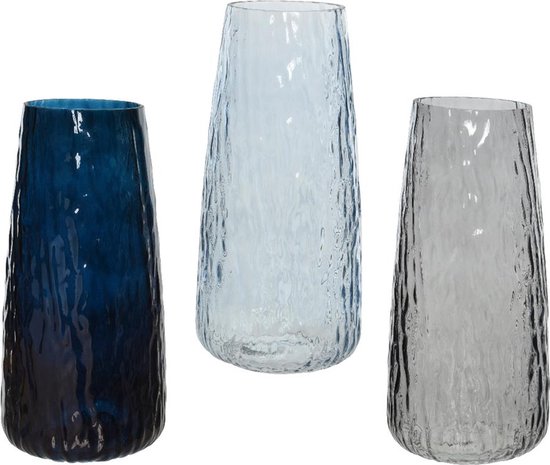 Decoris Vaas met golf textuur glas werk in blauwe tinten dia10x21,5cm 3 assorti