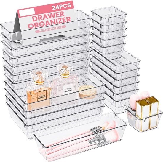 Make-uplade Organizer Trays 24 stuks, 4-size doorzichtige lade-organizers met siliconen pads, ijdelheidsorganisatoren en opslag, antislip plastic lade-organizer voor bureau, badkamer