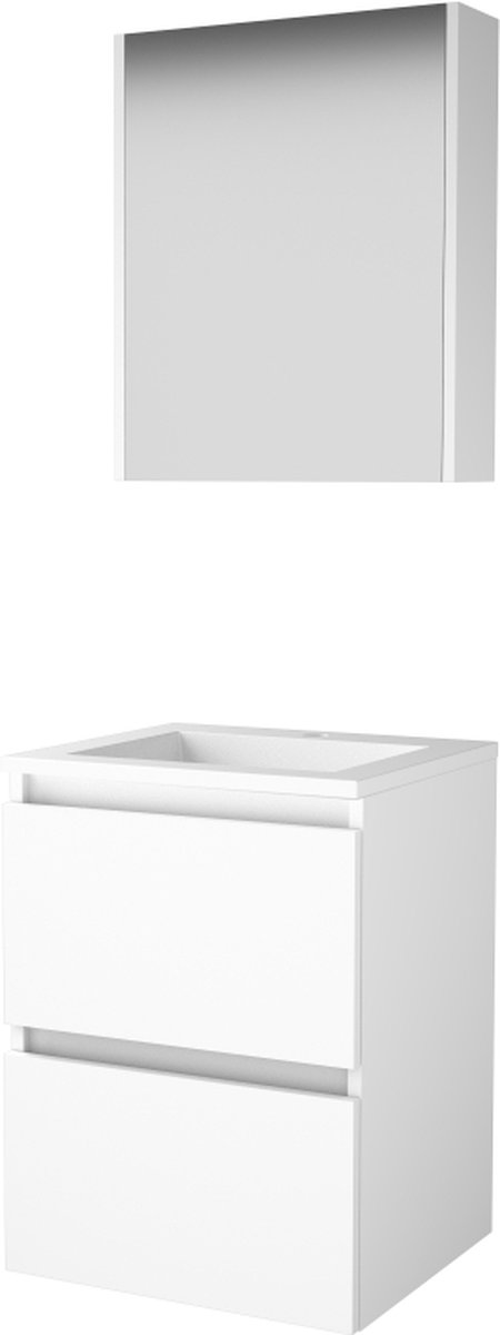 Basic Comfort 46 badmeubelset met spiegelkast, greeploze wastafelonderkast met 2 lades en acryl wastafel met 1 kraangat 50 x 46 cm, ice white