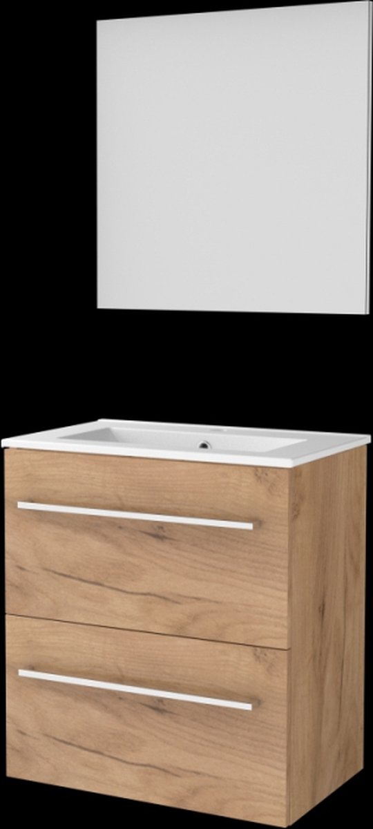 Basic-Line Basic 39 Badkamermeubelset - Ondiep - 60 x 39 cm - Met Grepen - 2 Lades - Keramische Wastafel - 1 Kraangat - Spiegel - Whisky Oak