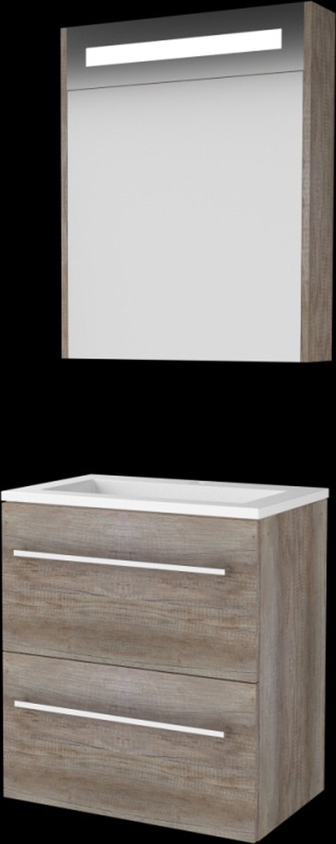 Basic Premium 39 badmeubelset met spiegelkast met geïntegreerde LED verlichting, wastafelonderkast met grepen, 2 lades en acryl wastafel met 1