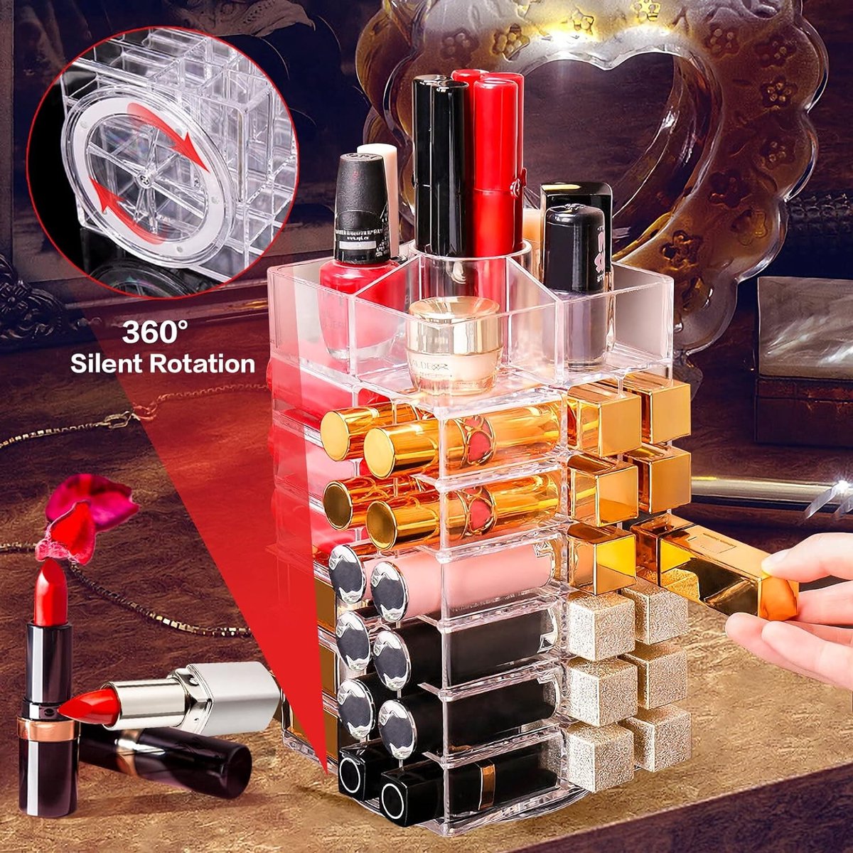 Plateau Rond En Verre Miroir Noir Doré 25x25cm - Organisateur Bijoux, Parfums, Maquillage - Décoration Table Commode - 7