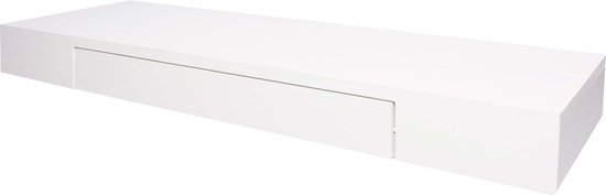 Gesloten, witte wandplank met een subtiele lade-opening aan de voorkant.