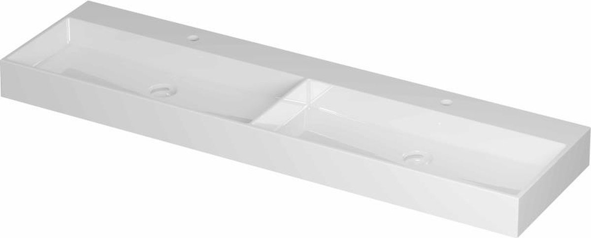 INK United porseleinen dubbele wastafel met 2 kraangaten, porseleinen click-plug en verborgen overloop systeem 160 x 45 x 11 cm, glanzend wit