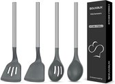 Set van 4 siliconen keukengerei, wokspatel, sleufspatel, kooklepel, sleuflepel, anti-aanbaklaag, BPA-vrij, hittebestendig, met roestvrijstalen handgreep, keukengerei voor koken, mengen en serveren