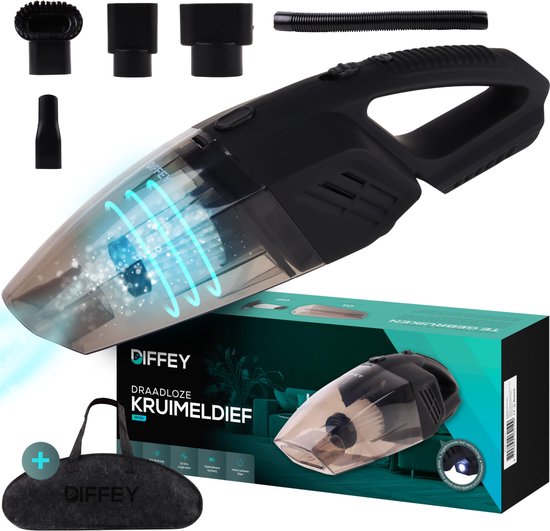 DIFFEY® DF001 - Draadloze Kruimeldief - Kruimelzuiger met opzetstukken en draagtas - LED verlichting - Nat & Droog - Handstofzuiger - 10000PA - Zwart