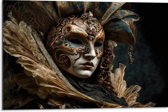 Dibond - Masker - Carnaval - Kleuren - Gezicht - 75x50 cm Foto op Aluminium (Wanddecoratie van metaal)