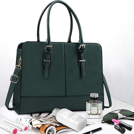 Women's Shopper Handbag Large Waterproof 15.6 Inch Leather Laptop Bag for Office Work Business School, Green
