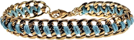 Bracelet Femme 18cm à 22cm - Large - Acier Inoxydable Plaqué Or - Bracelet à Maillons Cubains avec Cordon Bleu Clair - Ajustable