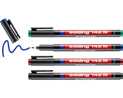 edding 142 M permanent pen - 4 pennen verschillende kleuren - ronde punt 1 mm - pen voor schrijven op glas, plastic, folies en gladde oppervlakken - permanent, sneldrogend, veegvast en watervast