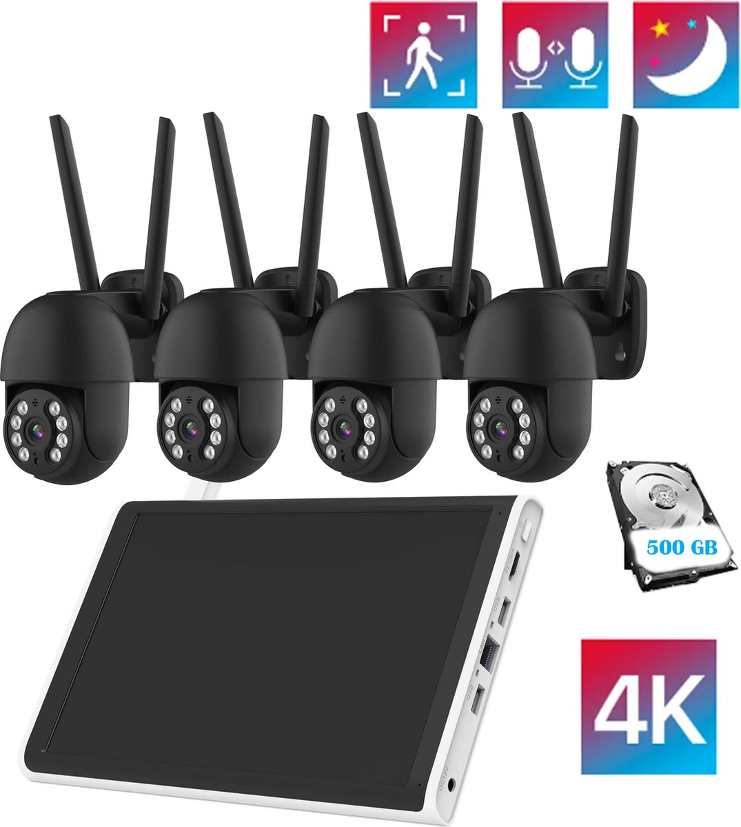 Zexi Beveiligingscamera met scherm | 4 Camera’s | Wifi Camera Set | Dome IP Camera’s | Bewegingsdetectie gekleurd nachtzicht | Audio | AI Bestuurbaar | Zwart Kleur | 500 GB