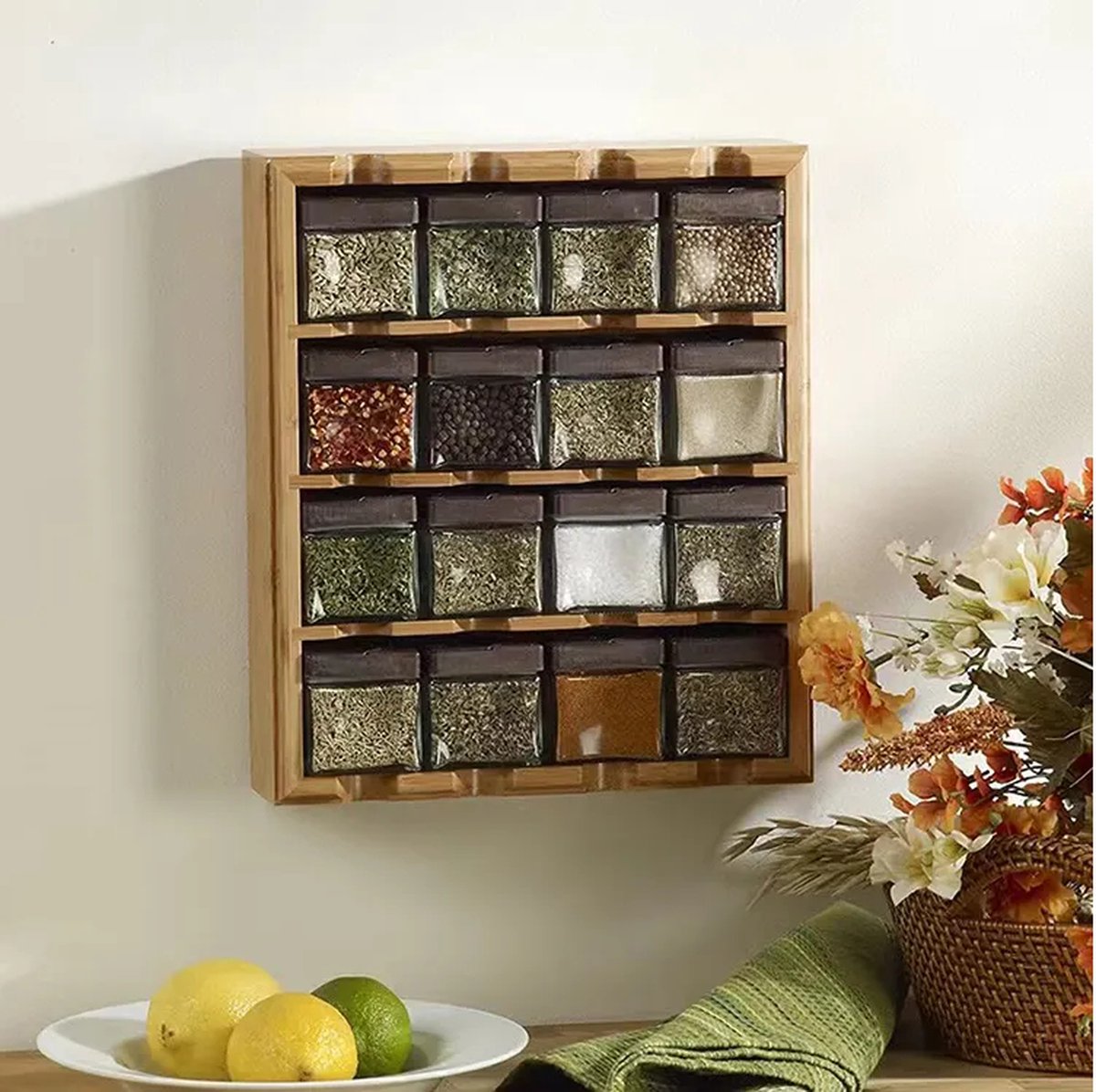 WonderStore© Bamboe Kruidenrek Ophangbaar - Kruiden Organizer - Keukenrekken - cadeau voor keuken - met 16 Kruidenpotjes