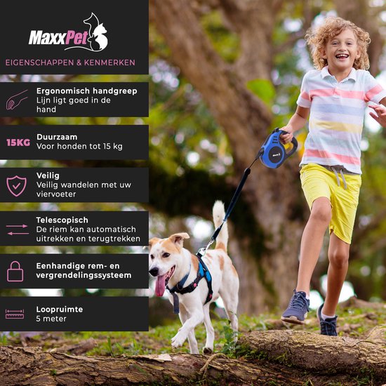 MaxxPet Hondenriem - Rollijn hond - Hondenlijn 5 meter - Halsband - Leiband hond met remknop - tot 15 kg - Blauw - MaxxPet