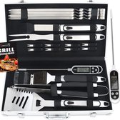 BBQ Set 15 delig + BBQ thermometer - BBQ Accessoires - BBQ Tang - BBQ Borstel - Grillmat - Met Luxe Opbergkoffer