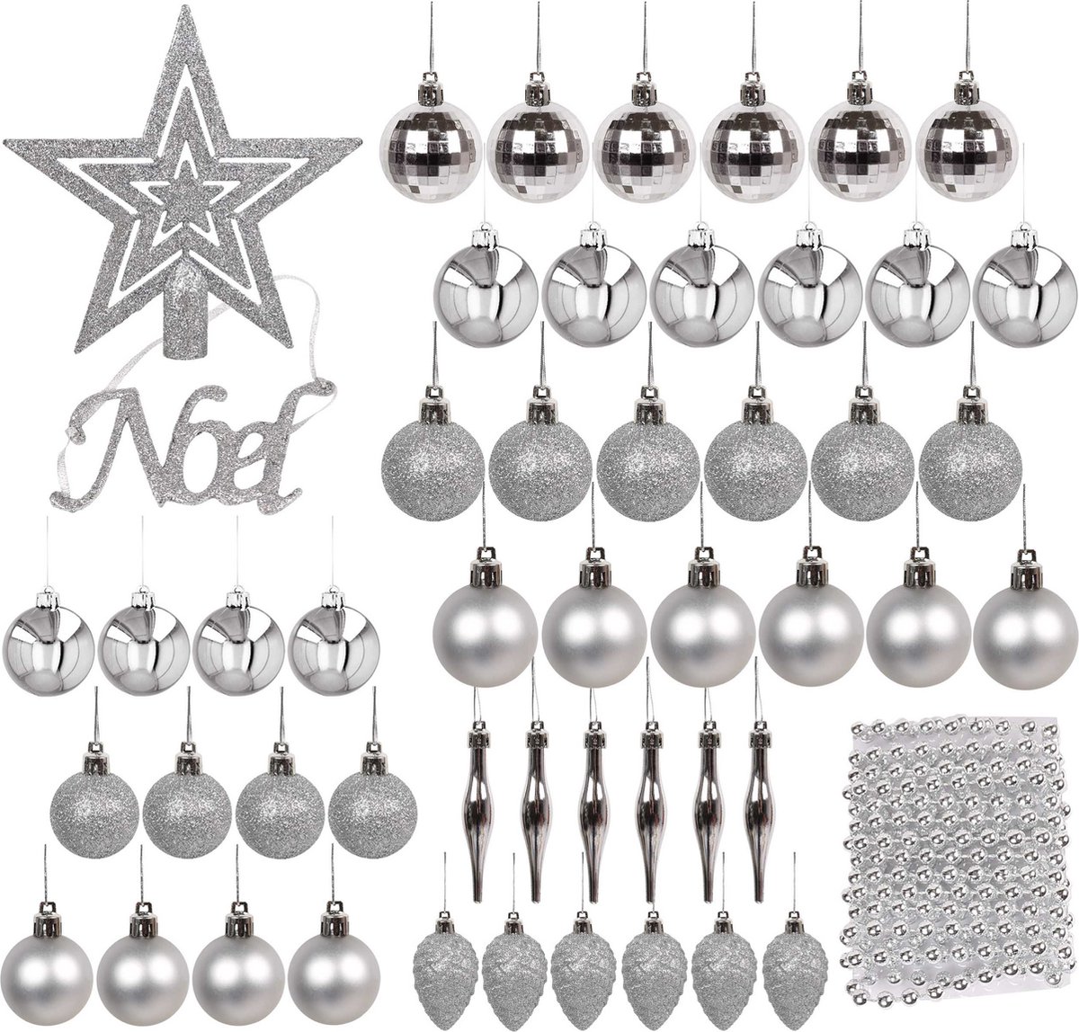 Set zilveren kerstboomversieringen: kerstballen, bovenkant, ketting 48 stuks