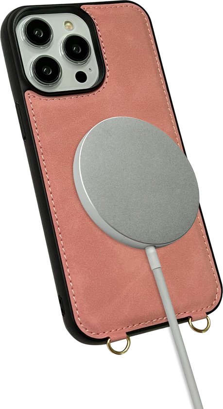 Coque Casemania pour Apple iPhone 14 Pro Pink Pâle - Coque Arrière de Luxe 2 en 1 avec Cordon - Étui Portefeuille adapté à Magsafe - Porte-Cartes