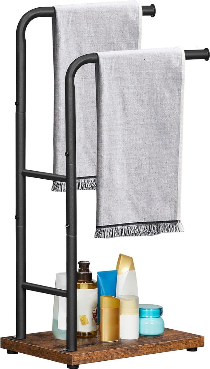 Signature Home Handdoekhouder staand - handdoekrek vrijstaand - badhanddoekhouder met 2 stangen - badkamer, slaapkamer, voor dekens, kleding, vintage bruin-zwart - 40 x 24 x 80,5 cm