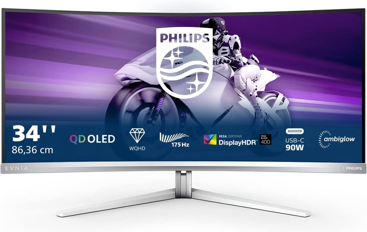 Philips Evnia 34M2C8600 - Curved QHD OLED Gaming Monitor - USB-C 90w - 175hz - Ambiglow - 34 inch - Philips