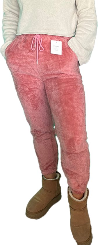 Joggingbroek dames - Huisbroek - Teddy - Roze - [ Maat 36-38 ] - Natuurlijke verwarming - Huisbroek - Pluche - Pyjama broek - Fleece - Yogabroek- Sportbroek met zakken - Pyjamabroek