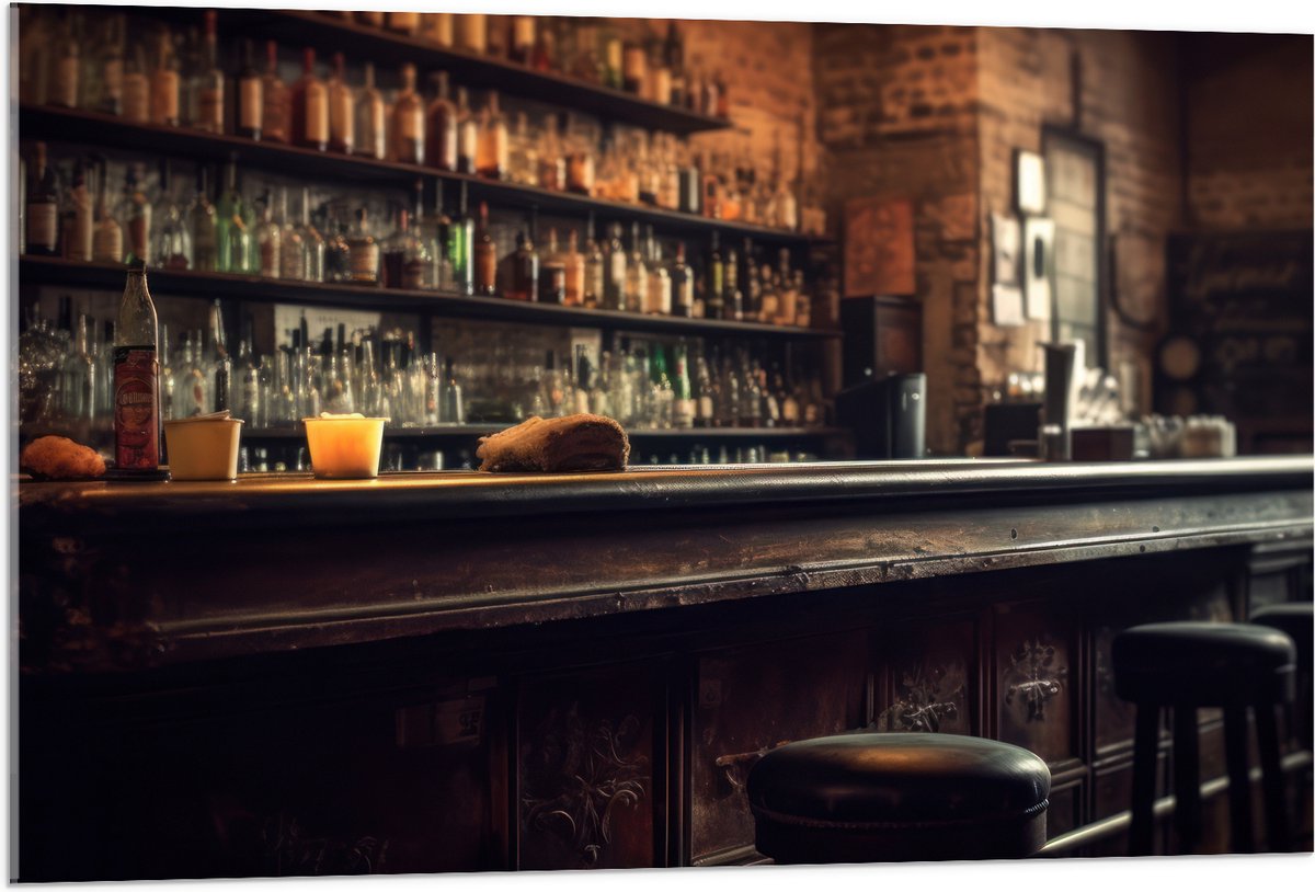 Acrylglas - Kroeg - Bar - Drank - Barkrukken - Flessen - 105x70 cm Foto op Acrylglas (Wand