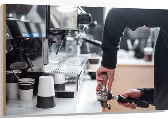 Hout - Koffiezetapparaat - Koffie - Drinken - Bekers - 120x80 cm - 9 mm dik - Foto op Hout (Met Ophangsysteem)